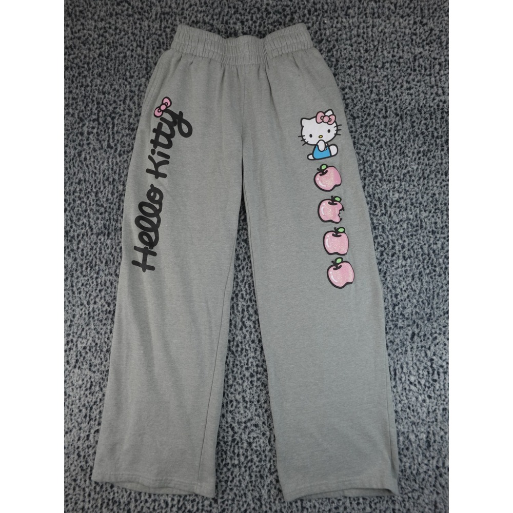 Hello Kitty Sanrio Gray Wide Leg Sweatpants Glitter‎ Apple Graphic Womens Medium